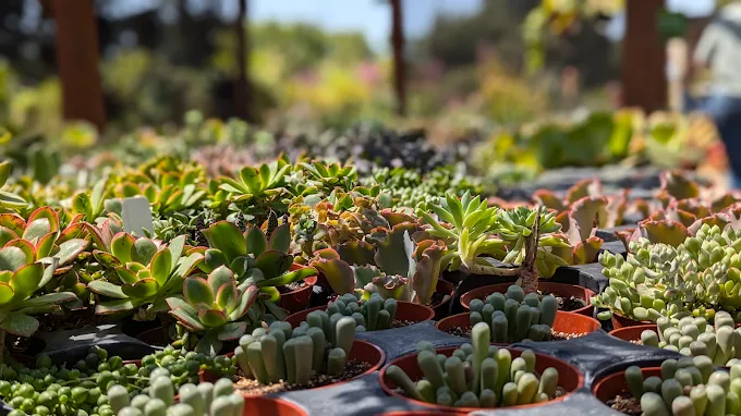 Tables of assorted succulents and cactus in colorful pots